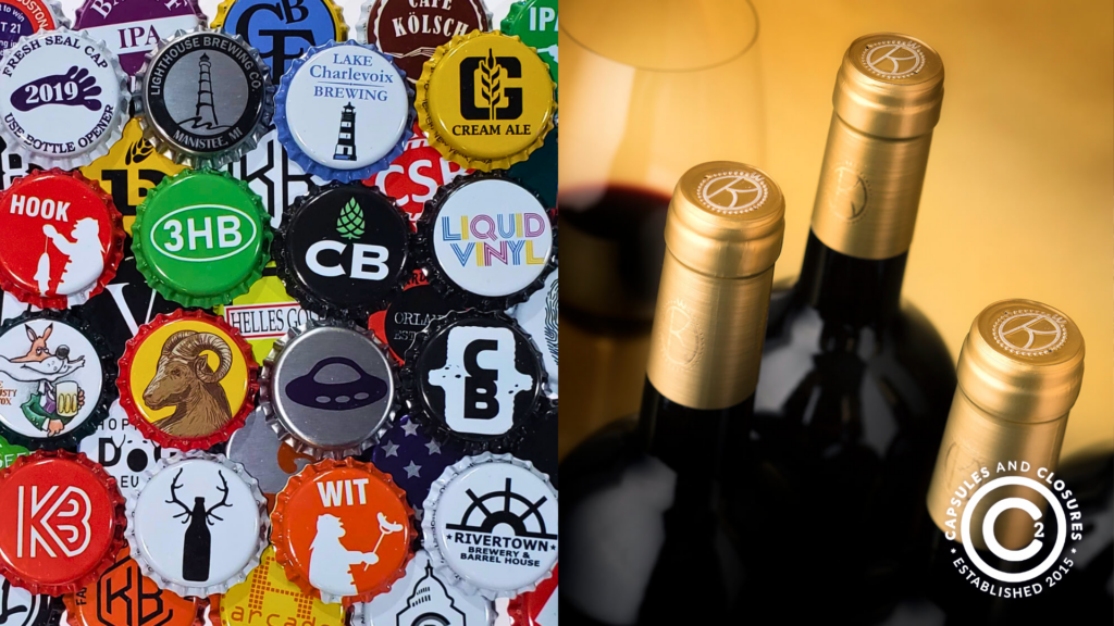 A composite image of craft beer caps and wine closures with varied branding.