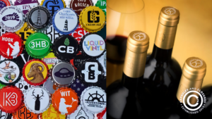 A composite image of craft beer caps and wine closures with varied branding.