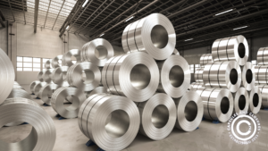 Rows of large aluminum coil rolls stacked in an industrial warehouse with high ceilings and natural light.