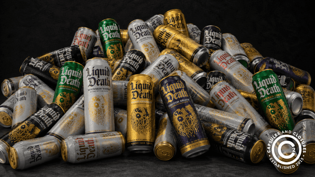 A jumble of Liquid Death cans in several flavors.