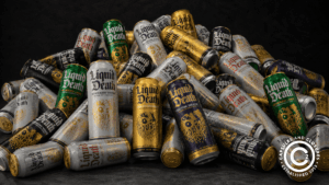 A jumble of Liquid Death cans in several flavors.