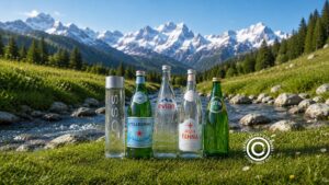 Voss, S.Pellegrino, Evian, Acqua Panna, and Perrier premium glass water bottles lined up against an alpine mountain stream backdrop