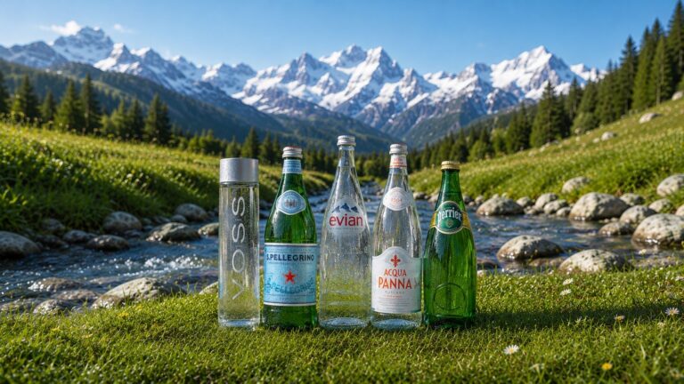 Voss, S.Pellegrino, Evian, Acqua Panna, and Perrier premium glass water bottles lined up against an alpine mountain stream backdrop