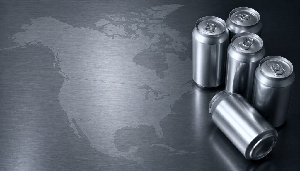 Map of North America highlighting U.S., Mexico, and Canada with aluminum cans, representing USMCA renegotiation and aluminum supply chain uncertainty