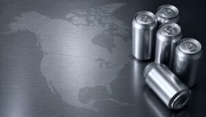 Map of North America highlighting U.S., Mexico, and Canada with aluminum cans, representing USMCA renegotiation and aluminum supply chain uncertainty