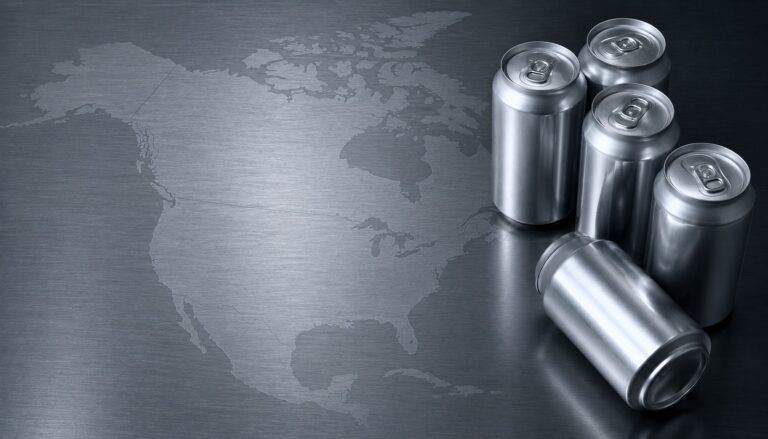 Map of North America highlighting U.S., Mexico, and Canada with aluminum cans, representing USMCA renegotiation and aluminum supply chain uncertainty