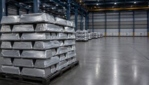 Stacked aluminum coils at an industrial facility, representing rising aluminum costs and supply chain pressure on beverage packaging producers in 2026