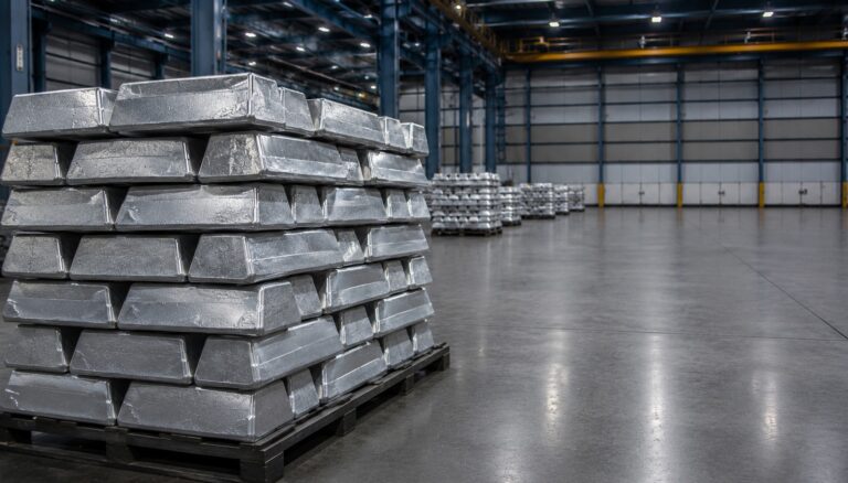 Stacked aluminum coils at an industrial facility, representing rising aluminum costs and supply chain pressure on beverage packaging producers in 2026