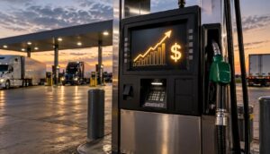 A diesel fuel pump at a truck stop displaying a glowing rising price chart and dollar sign, with semi trucks and dry van trailers visible in the background at dusk, representing record diesel costs and freight rate volatility affecting food and beverage packaging supply chains in 2026