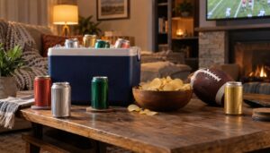 A cooler full of aluminum cans on ice beside a football and a bowl of chips on a coffee table, with a football game on TV in the background, representing beverage packaging demand during NFL football season